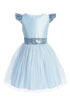 Satin & Crystal Tulle Girls Dress with Sequin Flutter Sleeves and Waistband 2-16